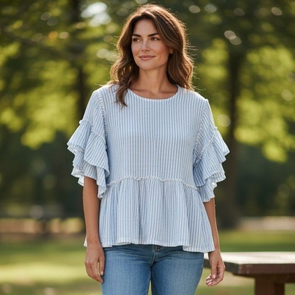 Altard State Blue White Striped Ruffle Sleeve Peplum Blouse Back Tie Top Medium